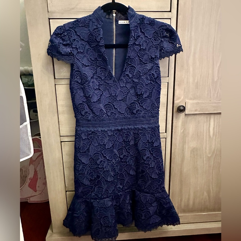 Alice + Olivia Navy Lace Midi Dress